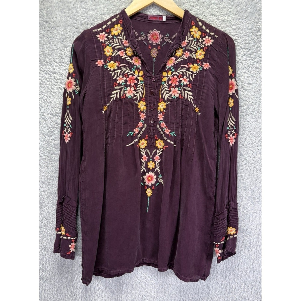 Johnny Was Purple Embroidered Blouse Long S Floral V Neck Popover Bohemian Top